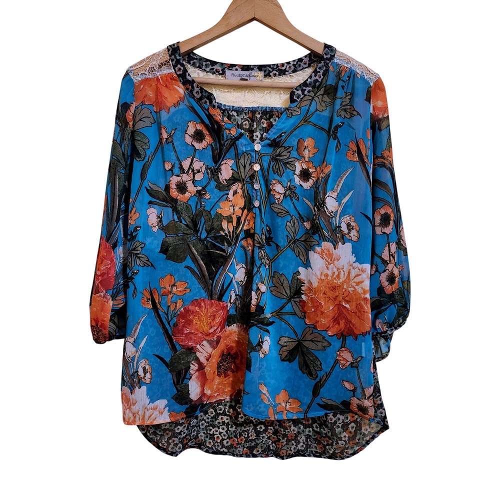 Figueroa & Flower Floral Lace Back Blouse Womens Large Blue Mixed Print Boho